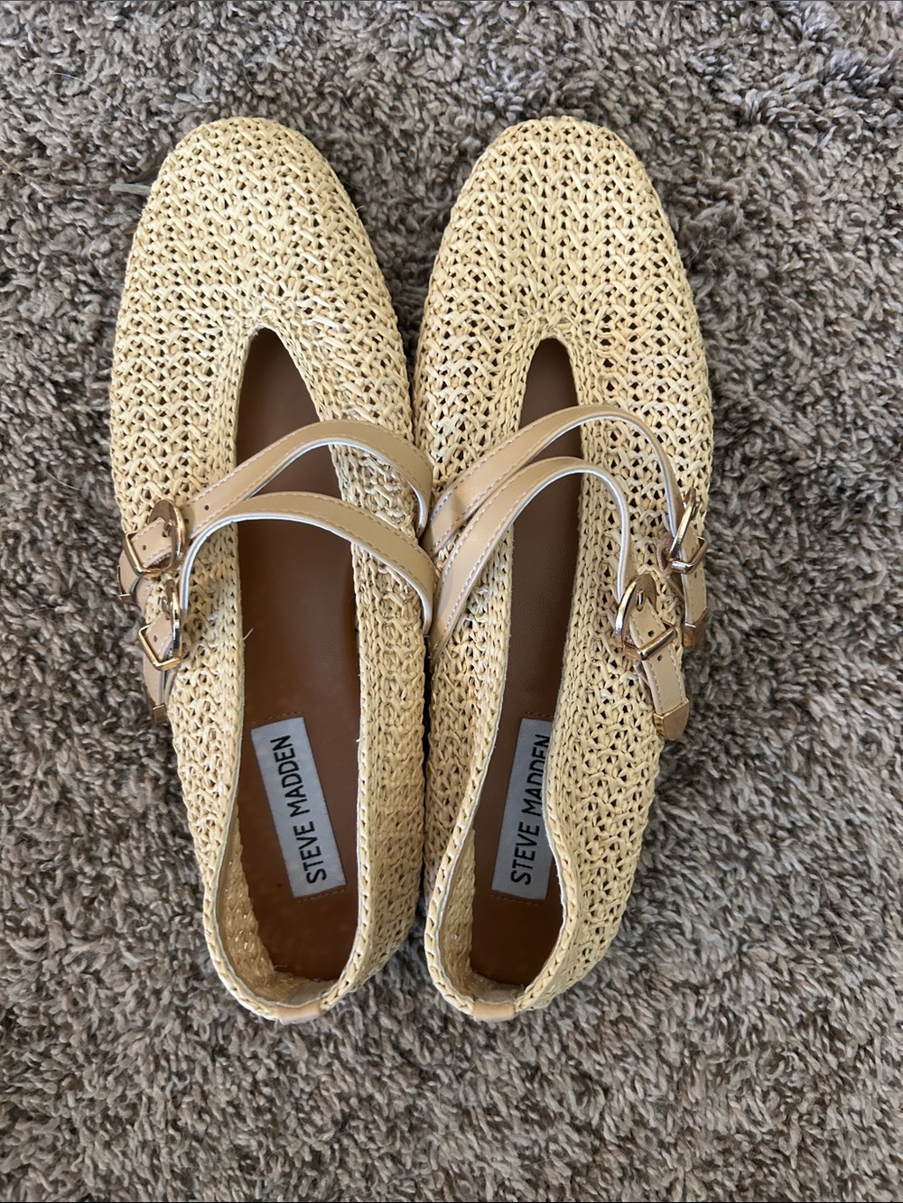 Steve Madden Tan Woven Double-Strap Mary Jane Flats